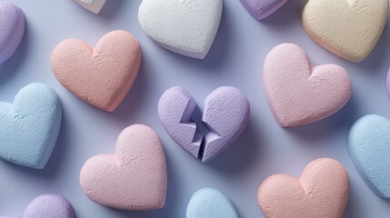 Obraz premium Pastel colorful heart shapes pattern with soft 3D design, romantic love background for Valentine's Day