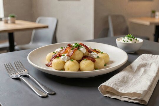 Bryndzove Halusky served with sour cream, bacon, and green onions. Concept of comfort food setting with potato dumplings, inviting atmosphere for sharing meals. 