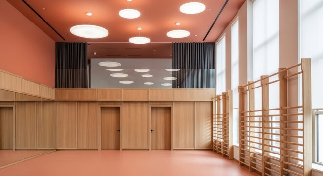Spacious wooden dance studio with round ceiling lights.