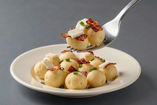 Bryndzove Halusky with small, round, yellow potatoes topped with crispy bacon and green onions, spoonful of melted cheese. Concept of potato dumplings with sheep cheese bacon.