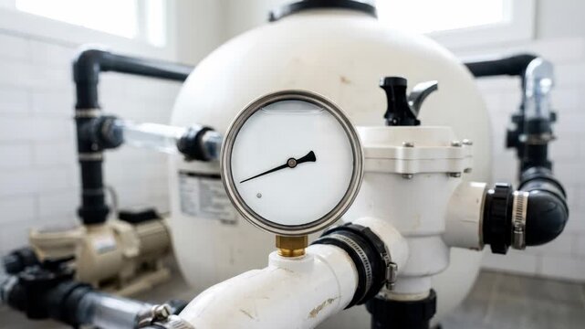 Pressure gauge on swimming pool pump system. Filtration hardware monitoring equipment for water maintenance. Industrial engineering indicator for plumbing control.
