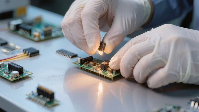 Technician assembling electronic component on circuit board