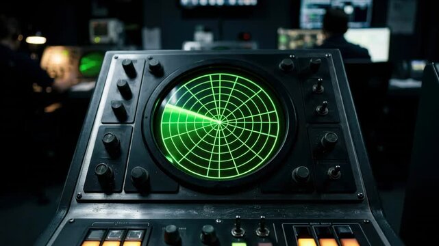 Military radar station with green display showing moving signal blip. Technician monitors navigation screen in control room. Vintage technology tracking system.