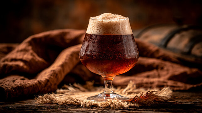 Dark craft beer glass with foam on wooden barrel background beverage refreshing nightlife