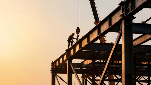 Ironworker silhouette on steel beam at sunset