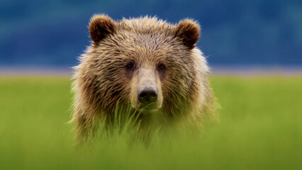 Brown Bear Close-Up Portrait in Green Meadow Grass, Alaska - Ursus arctos Direct Gaze Wildlife Photography © Banu