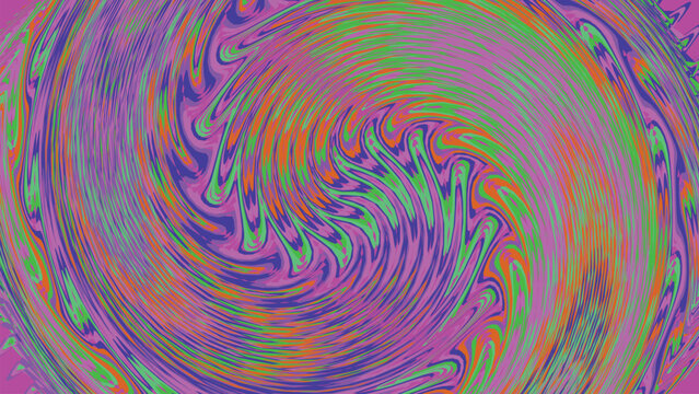 Psychedelic swirling vortex pattern with vibrant mixture of purple orange and bright green liquid marble ripples creating wavy motion effect.