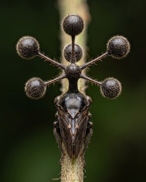 Extreme macro frontal view of bizarre Brazilian treehopper on stem