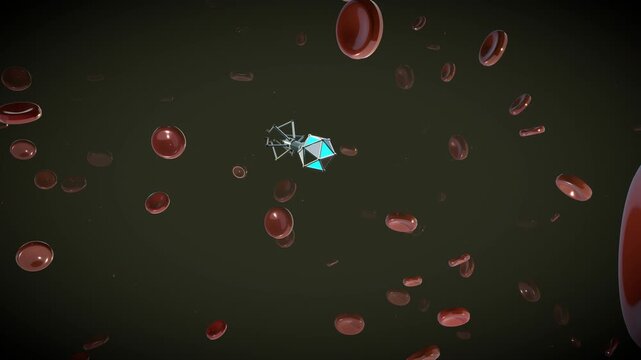 High-speed diagonal fly-by intercepting a dangerous pathogen near a microscopic medical nanobot featuring a bio-mechanical chassis inside a bloodstream environment.