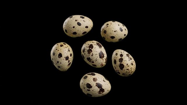 Small spotted quail eggs suspended and falling dynamically in mid-air, isolated on a solid black background. Perfect for gourmet culinary videos, easter egg promos, healthy organic food marketing, and