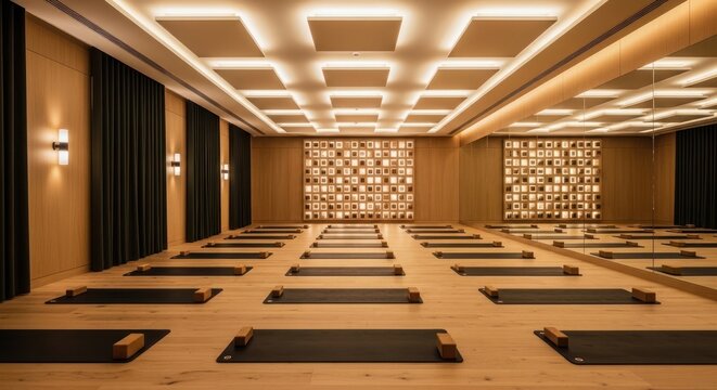 Spacious yoga studio with geometric ceiling lights and mats.