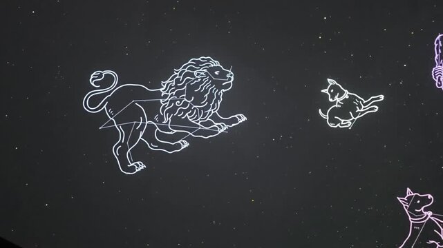 Immersive planetarium dome projection showing planet Saturn, stars constellation map and deep space universe exploration.