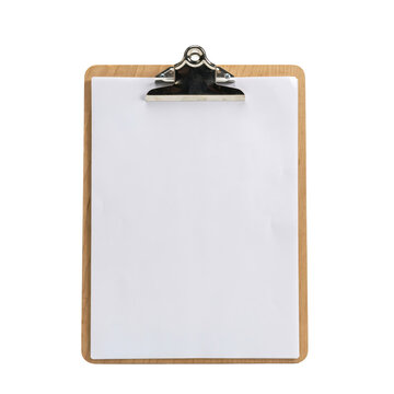 A wooden clipboard with a blank white sheet of paper attached by a silver metal clip, isolated on a clean white background, for display