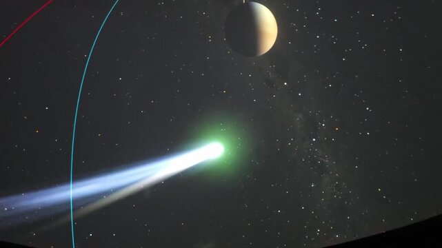 Immersive planetarium dome projection showing planet Saturn, stars constellation map and deep space universe exploration.