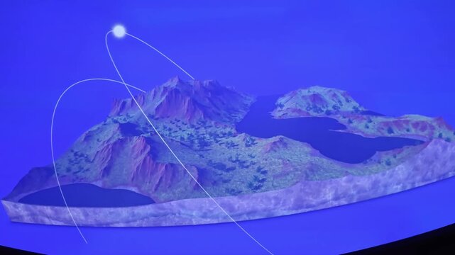 Immersive planetarium dome projection showing planet Saturn, stars constellation map and deep space universe exploration.