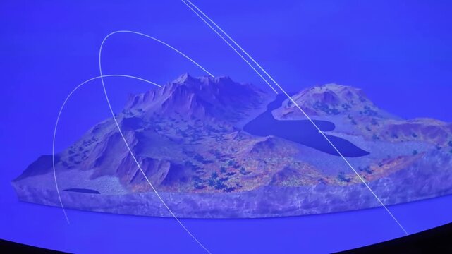 Immersive planetarium dome projection showing planet Saturn, stars constellation map and deep space universe exploration.
