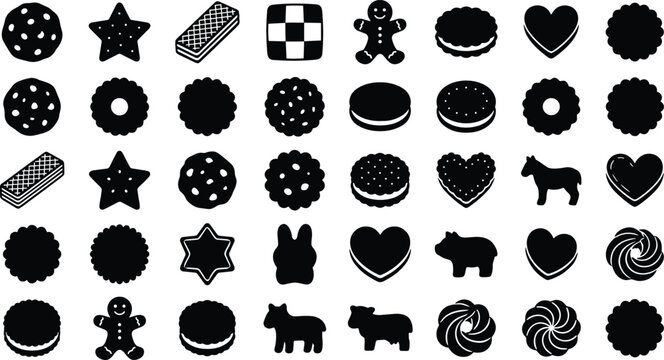 Cookie and Sweet Treat Silhouette Icon Collection with Biscuits Gingerbread Candy Hearts Animal Cookies and Dessert Symbols