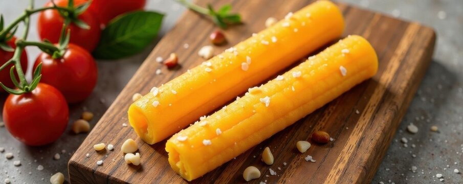 Pair of smoked Slovak string cheese sticks, isolated, overhead view, pair, overhead, texture