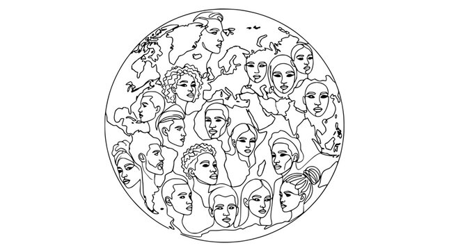 Diverse faces of humanity in a circle representing the globe, unity concept, line art