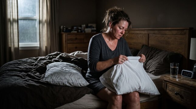 Middle-Aged Woman Experiencing Night Sweats During Menopause in Bedroom