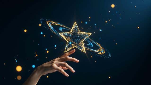 Woman's hand touching glowing star made of polygonal mesh, technology, innovation and magic concept.