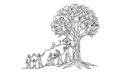 Fototapeta premium One Line Art Family Tree Growth Concept with People, Home, and Global Elements