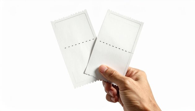 Hand holding two blank ticket isolated on white background