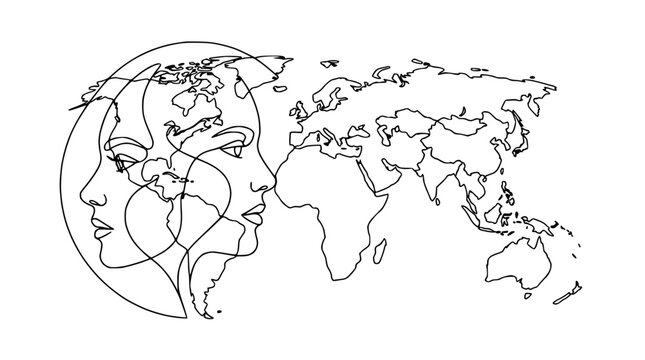 Abstract concept of global connection, human faces merged with world map