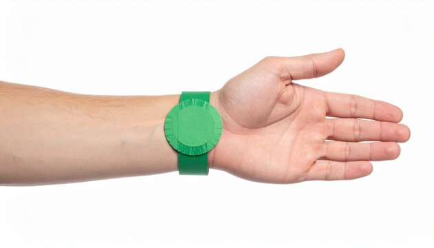 Hand with green paper bracelet on a white background. Wristband for admission to a concert or entertainment center