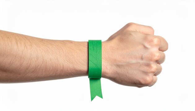 Hand with green paper bracelet on a white background. Wristband for admission to a concert or entertainment center