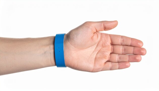 Hand with blue paper bracelet on a white background. Wristband for admission to a concert or entertainment center