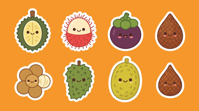 Cute collection of tropical fruit vector illustrations featuring durian rambutan mangosteen snake fruit longan soursop and jackfruit with happy faces