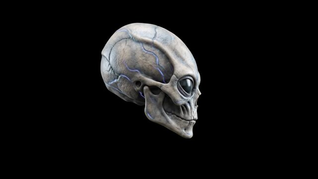 Detailed side view of an extraterrestrial alien skull with prominent veins and large dark eye sockets floating against a solid black backdrop. Great for sci-fi films, horror VFX, Halloween graphics, a