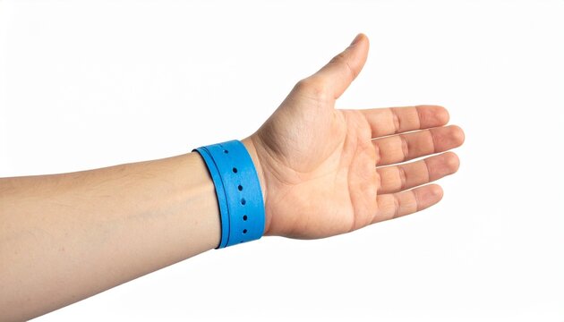 Hand with blue paper bracelet on a white background. Wristband for admission to a concert or entertainment center