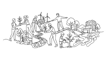 Obraz premium Sustainable Community: People planting trees, solar, wind, recycling, eco-friendly living