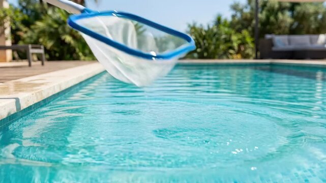 Person cleaning swimming pool with leaf skimmer net. Maintenance worker removing debris from water surface. Summer backyard pool care and seasonal hygiene routine.