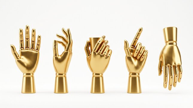 Five metallic gold mannequin hands displayed in various expressive gestures against a clean white studio background showcasing artistic craftsmanship and elegant design details for modern displays.