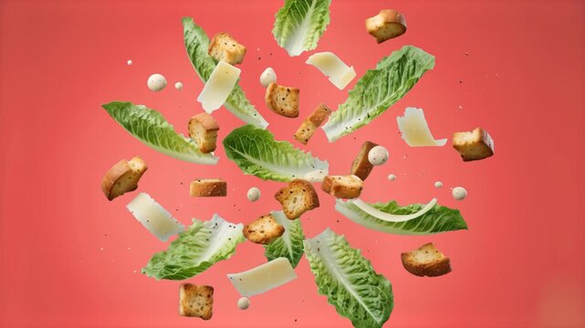 A dynamic 3D food asset showing crisp green romaine lettuce leaves, crunchy bread croutons, shaved parmesan cheese flakes, and creamy dressing drops flying in mid-air. Set against a solid red studio b