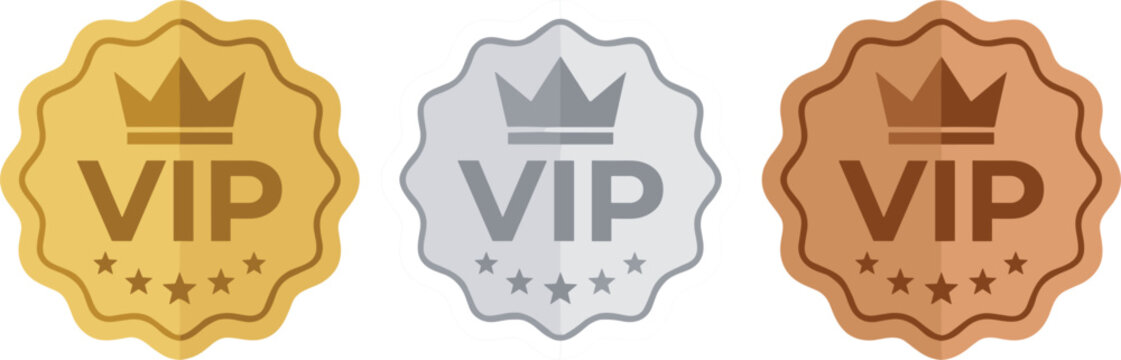 VIP Badge Set with Gold Silver and Bronze Luxury Sticker Labels Featuring Crowns and Stars for Premium Membership Level Vector Illustrations