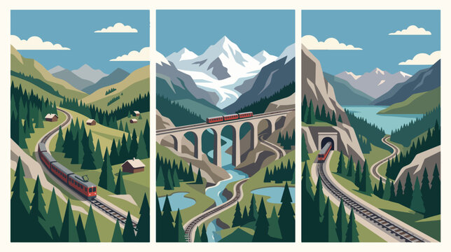 Flat vector illustration triptych featuring scenic mountain landscapes with red trains traveling through lush green forests and stone arched bridges