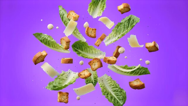 Dynamic floating composition of fresh Caesar salad ingredients including green lettuce leaves, crunchy croutons, parmesan cheese slices, and sauce droplets on a bright purple background. Perfect for f
