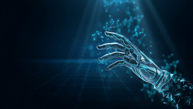 Futuristic robotic hand reaching out in digital space with glowing blue network nodes particles and mesh grid background.