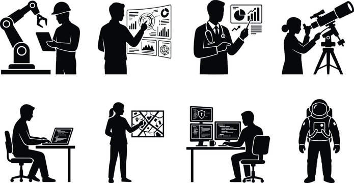 Professional STEM and technology professions vector icon set featuring engineering, data analysis, healthcare, and space exploration