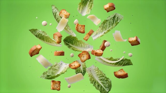 Fresh romaine lettuce leaves, crispy bread croutons, parmesan cheese shavings, and Caesar dressing drops tumbling through the air on a light green background. Ideal for fresh food marketing, restauran