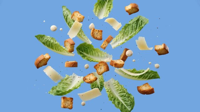 Romaine lettuce leaves, crispy croutons, parmesan cheese, and dressing drops floating and falling in slow motion against a vibrant blue studio backdrop. Designed for food service advertising, health f