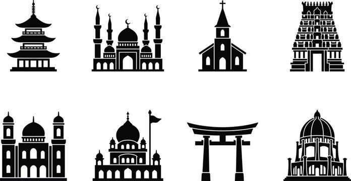 Religious buildings and places of worship silhouette icon set featuring multicultural sacred architecture landmarks