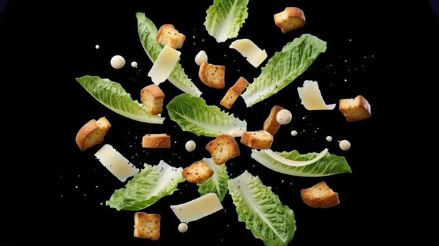 Fresh romaine lettuce leaves, crunchy croutons, parmesan cheese shavings, and dressing droplets falling in slow motion against a black studio backdrop. Great for restaurant commercials, menu promos, h