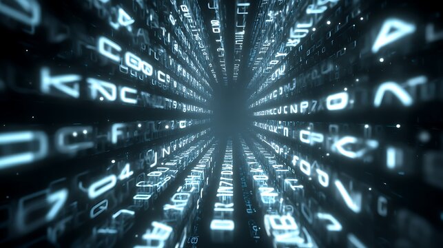 A futuristic, digital tunnel filled with binary code, creating a visually striking and abstract representation of data flow.