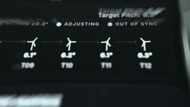 Wind turbine monitoring dashboard displaying pitch angle synchronization for turbines