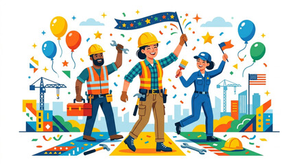 Fototapeta premium Diverse construction workers celebrating with flags and balloons against a vibrant city skyline, conveying a strong sense of community and achievement in their profession